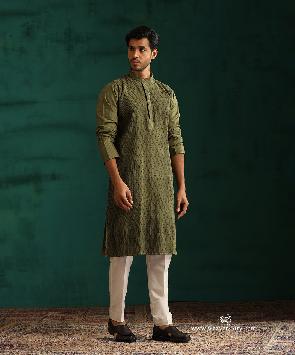 Olive Green Handloom Cotton Silk Pintuck Kurta Set With Rhombus Motifs Embroidery