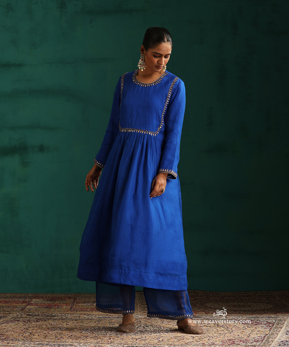 Jewel-Toned Blue Organza Silk Kurta Set with Gota Patti Embroidery