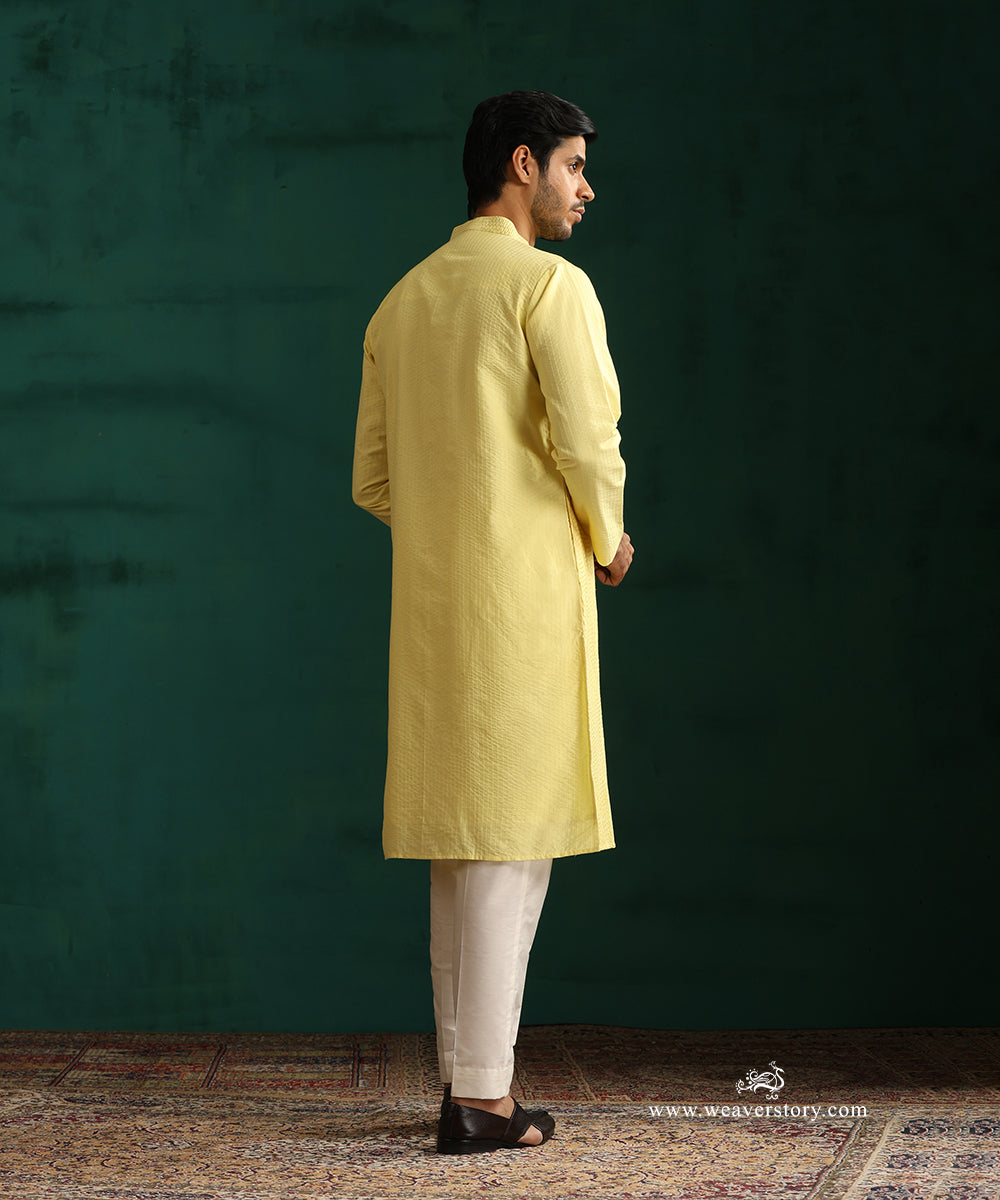 Yellow Handloom Cotton Silk Pintuck Kurta With Pant