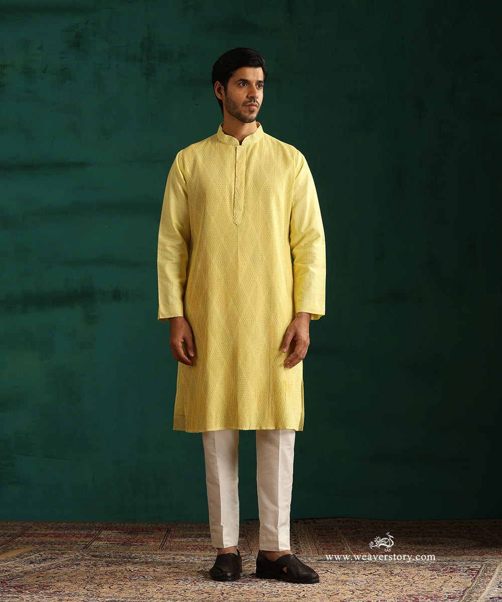 Yellow Handloom Cotton Silk Pintuck Kurta With Pant