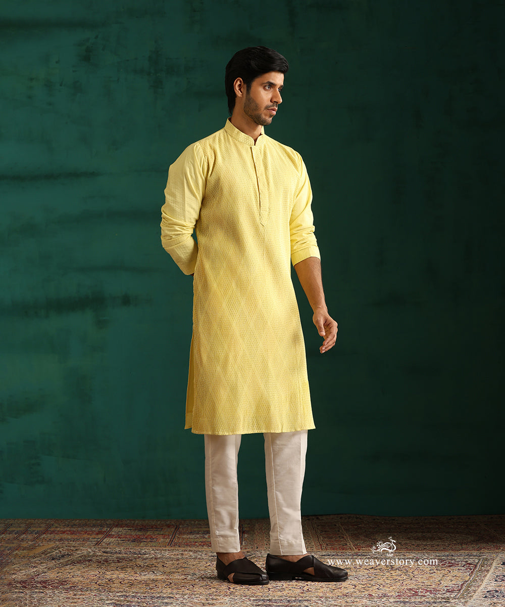 Yellow Handloom Cotton Silk Pintuck Kurta With Pant