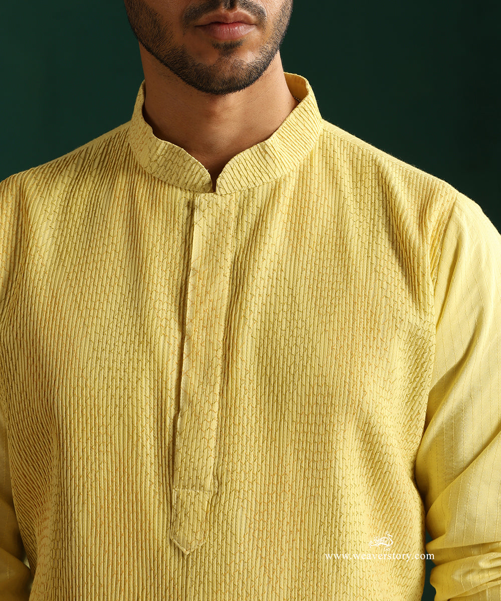 Yellow Handloom Cotton Silk Pintuck Kurta With Pant