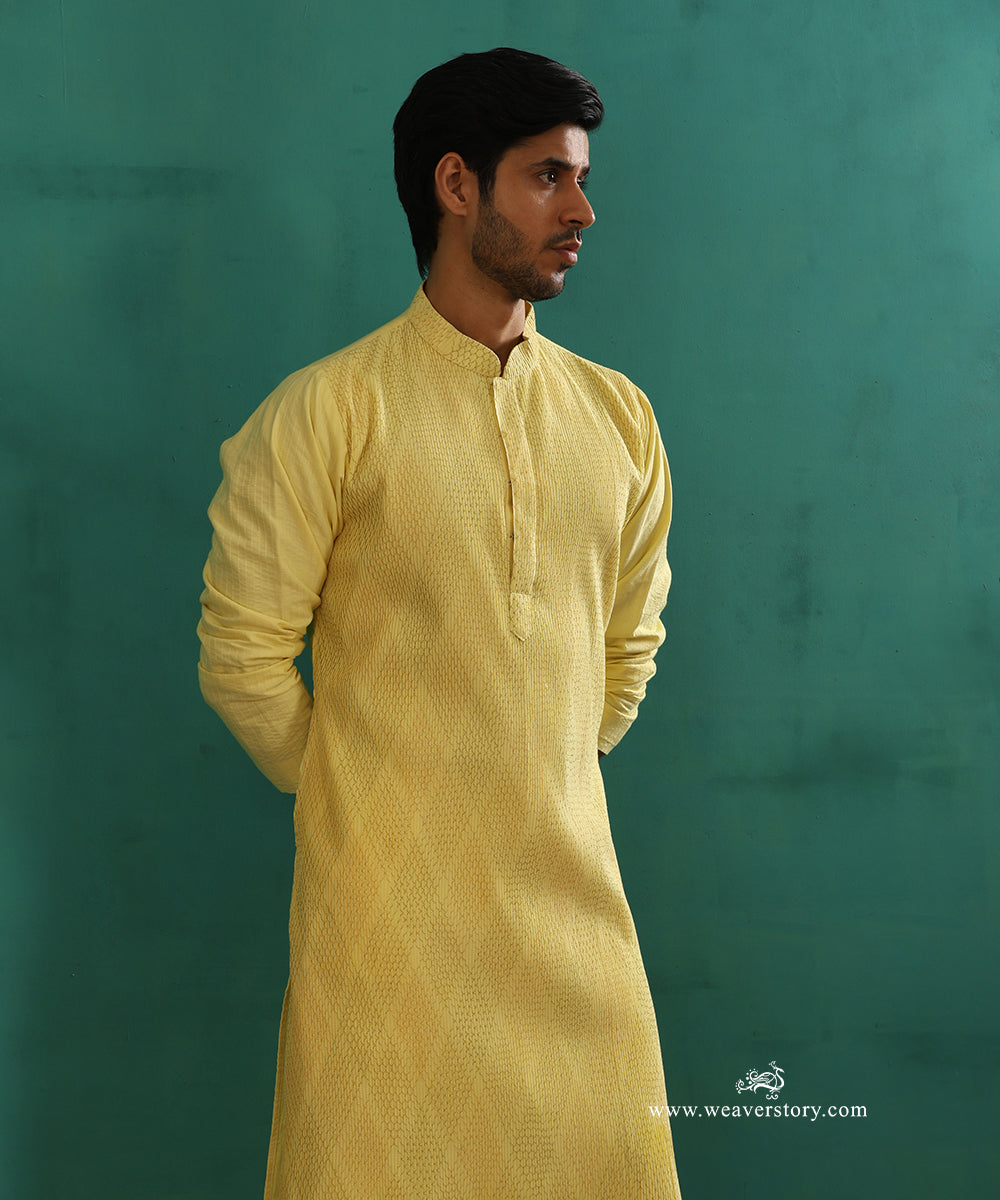 Yellow Handloom Cotton Silk Pintuck Kurta With Pant