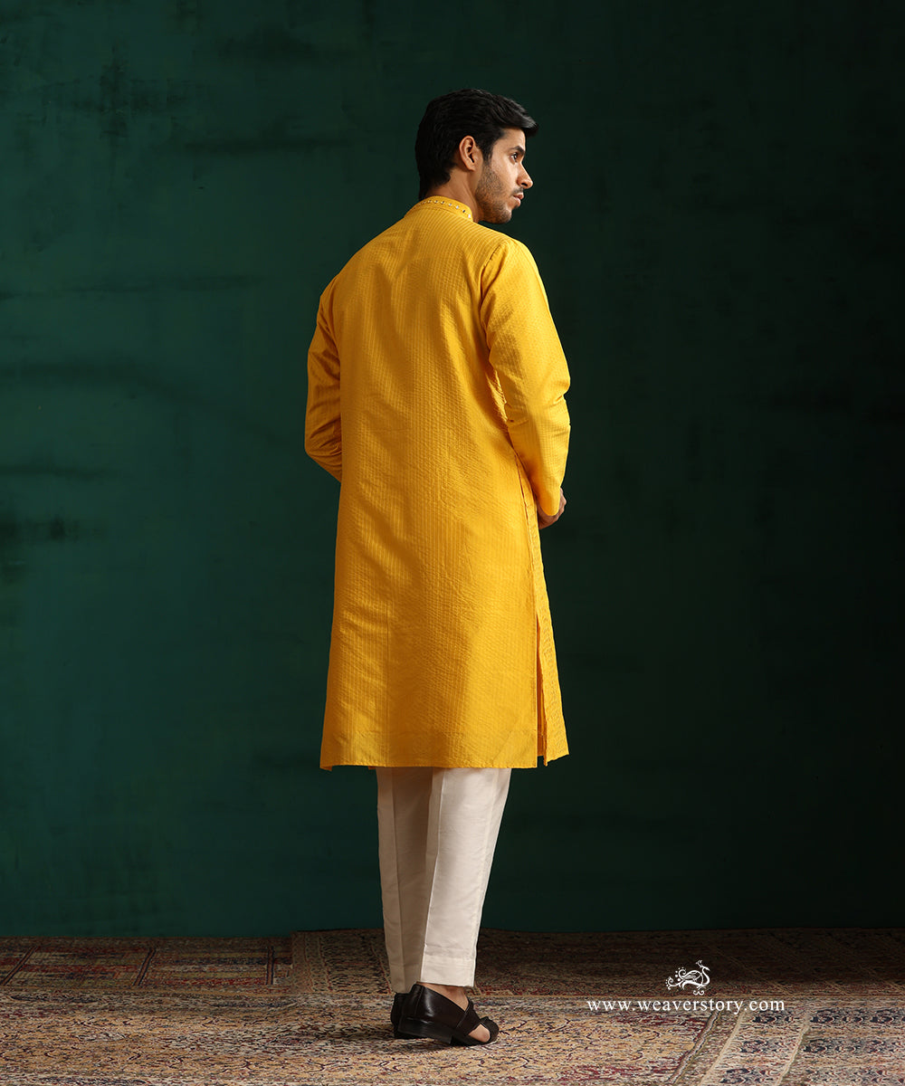 Yellow Handloom Cotton Silk Pintuck Kurta With Mirror Detailing With Pant
