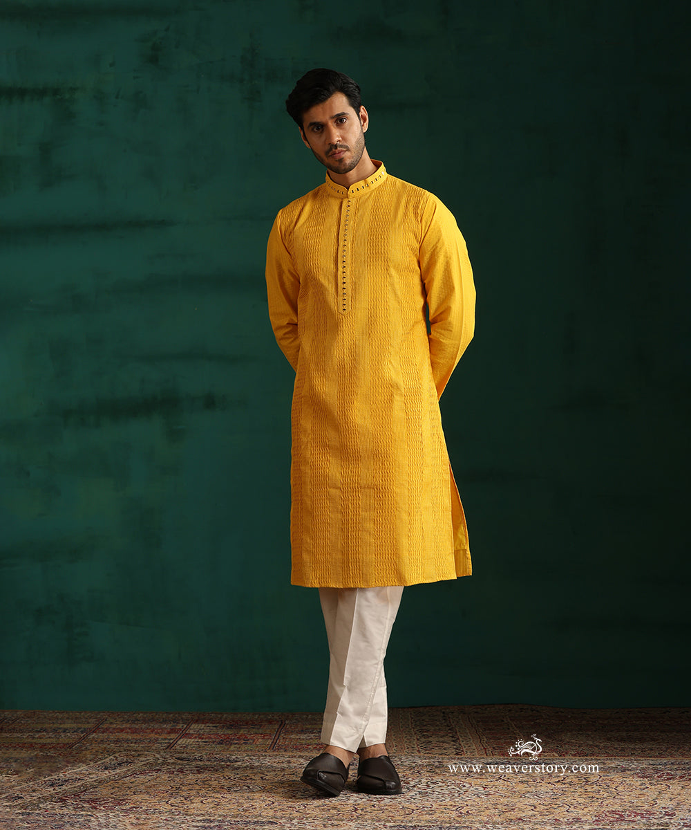 Yellow Handloom Cotton Silk Pintuck Kurta With Mirror Detailing With Pant