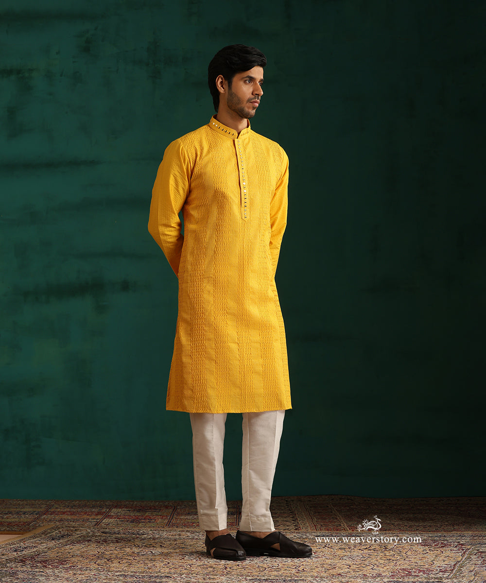 Yellow Handloom Cotton Silk Pintuck Kurta With Mirror Detailing With Pant