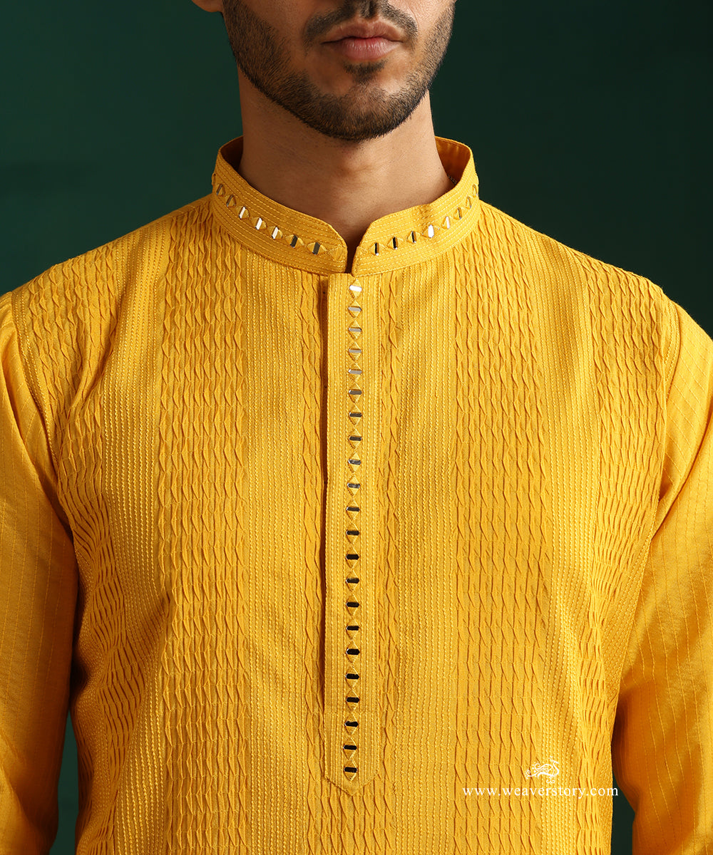 Yellow Handloom Cotton Silk Pintuck Kurta With Mirror Detailing With Pant