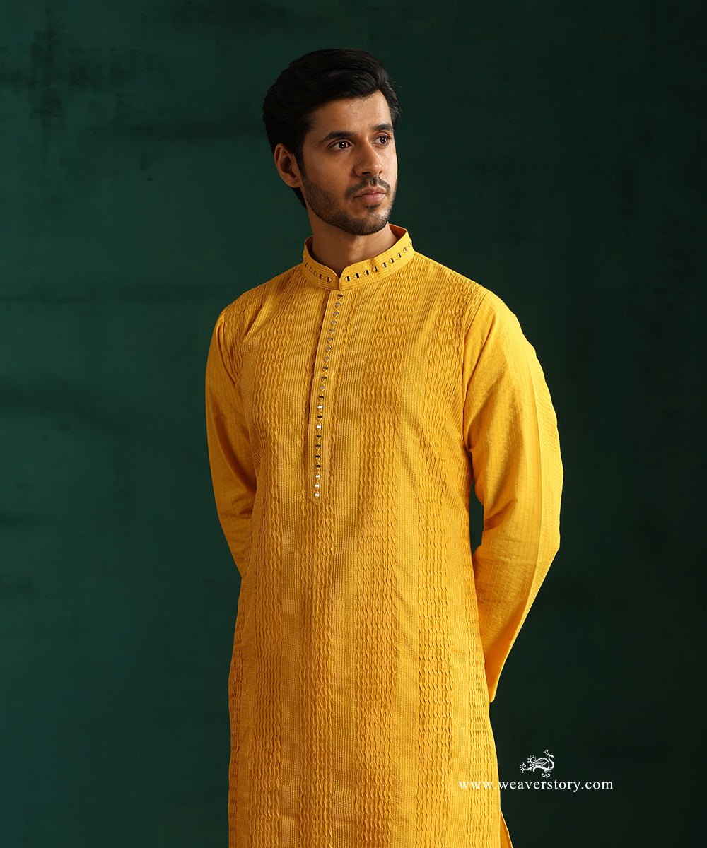 Yellow Handloom Cotton Silk Pintuck Kurta With Mirror Detailing With Pant