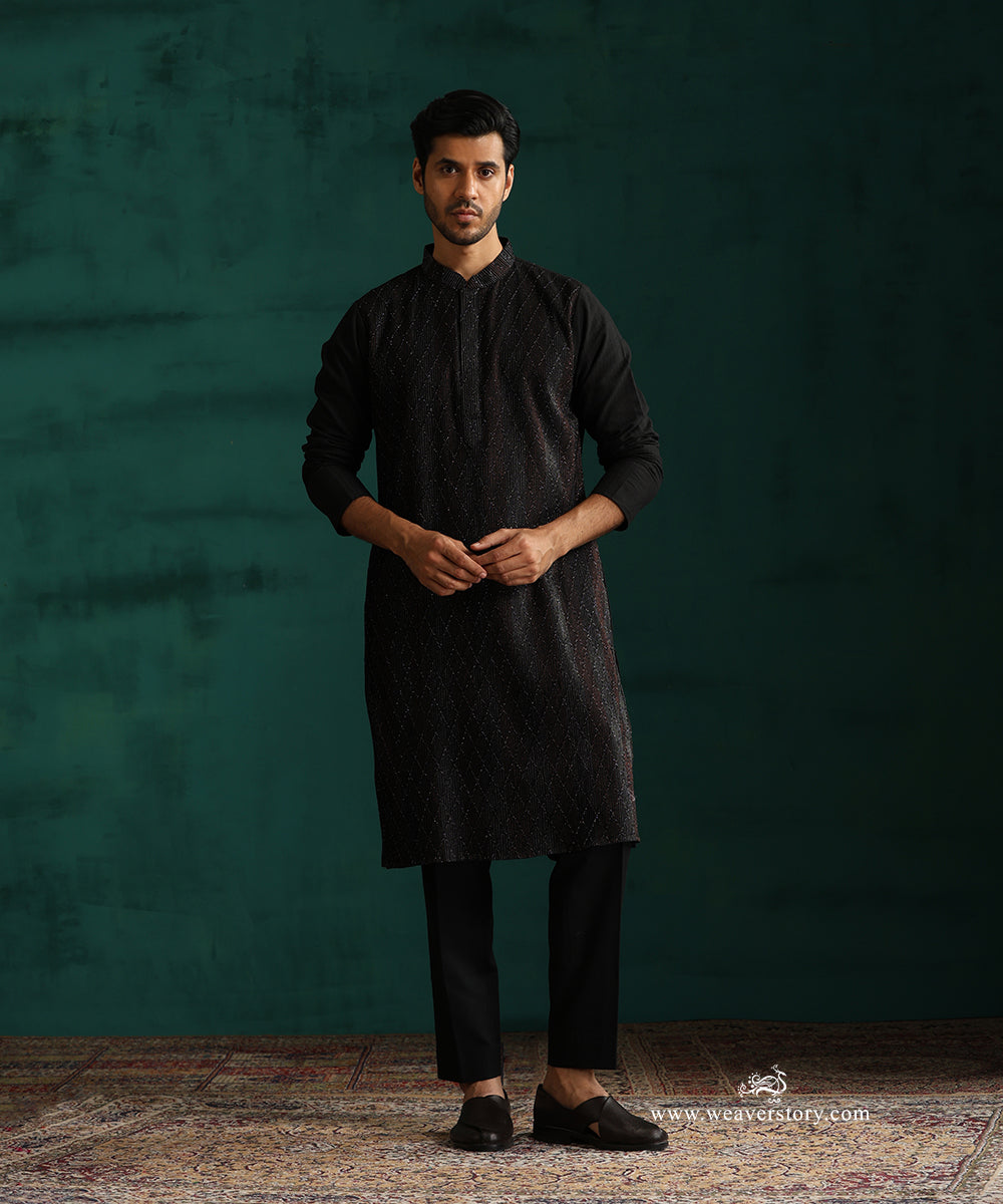 Black Handloom Cotton Silk Pintuck Kurta With Pant