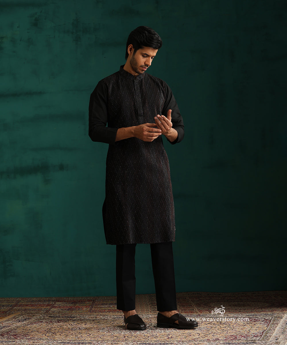 Black Handloom Cotton Silk Pintuck Kurta With Pant