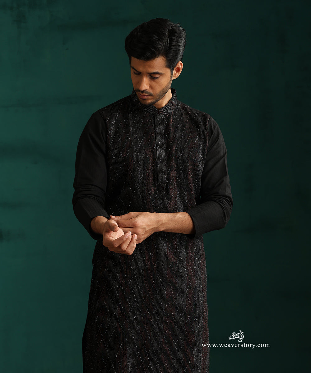 Black Handloom Cotton Silk Pintuck Kurta With Pant