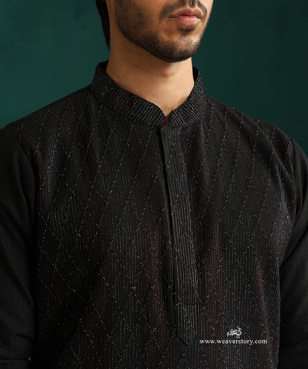 Black Handloom Cotton Silk Pintuck Kurta With Pant