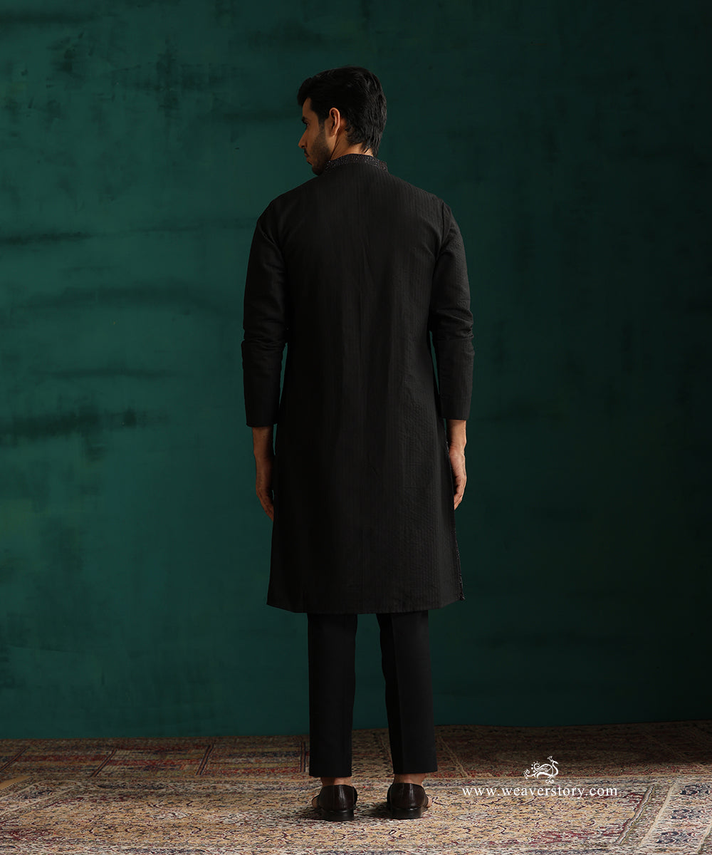 Black Handloom Cotton Silk Pintuck Kurta With Pant