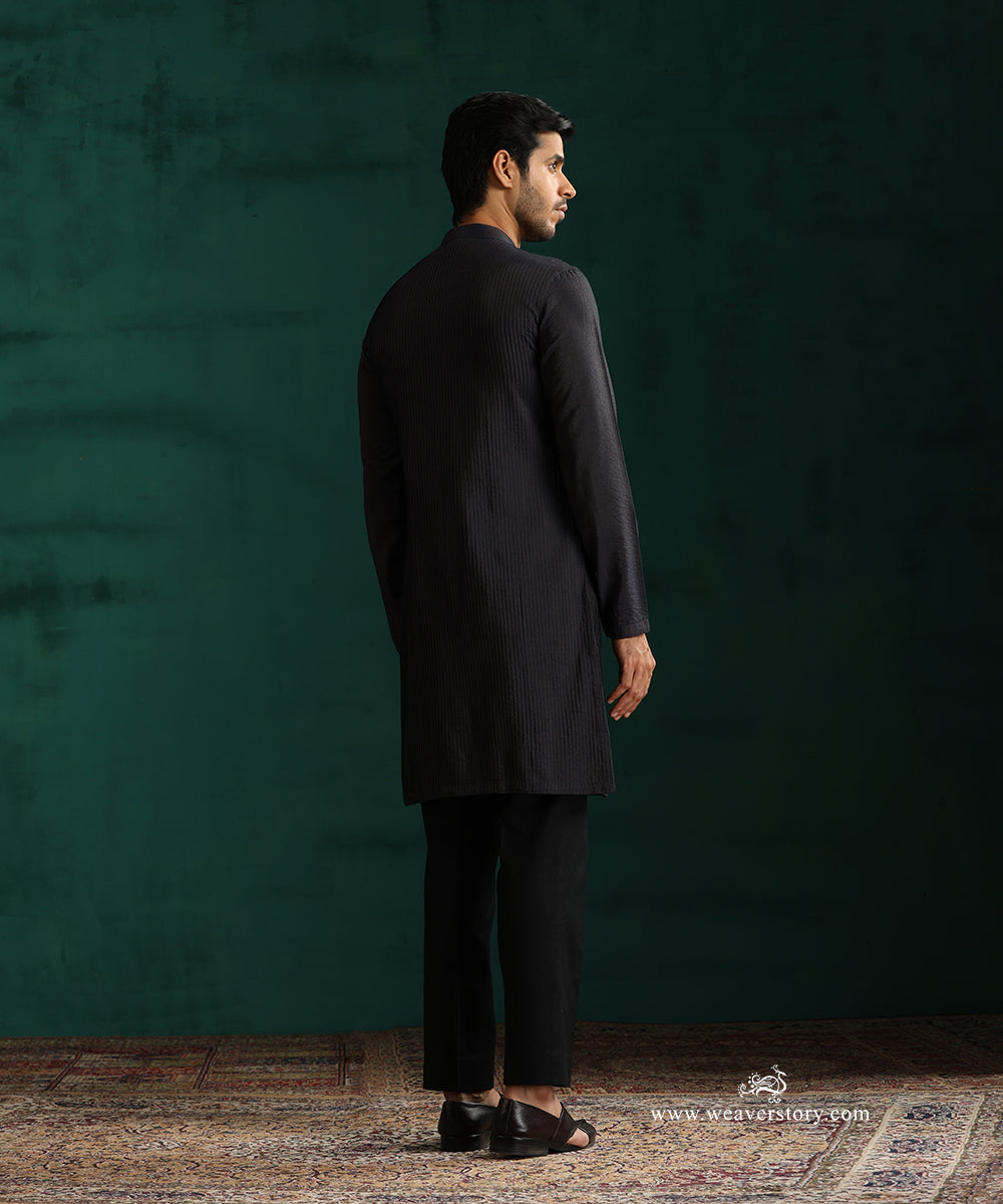 Navy Blue Handloom Cotton Silk Pintuck Kurta With Pant