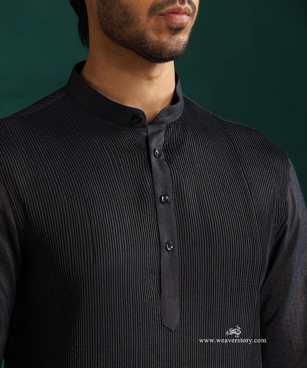 Navy Blue Handloom Cotton Silk Pintuck Kurta With Pant