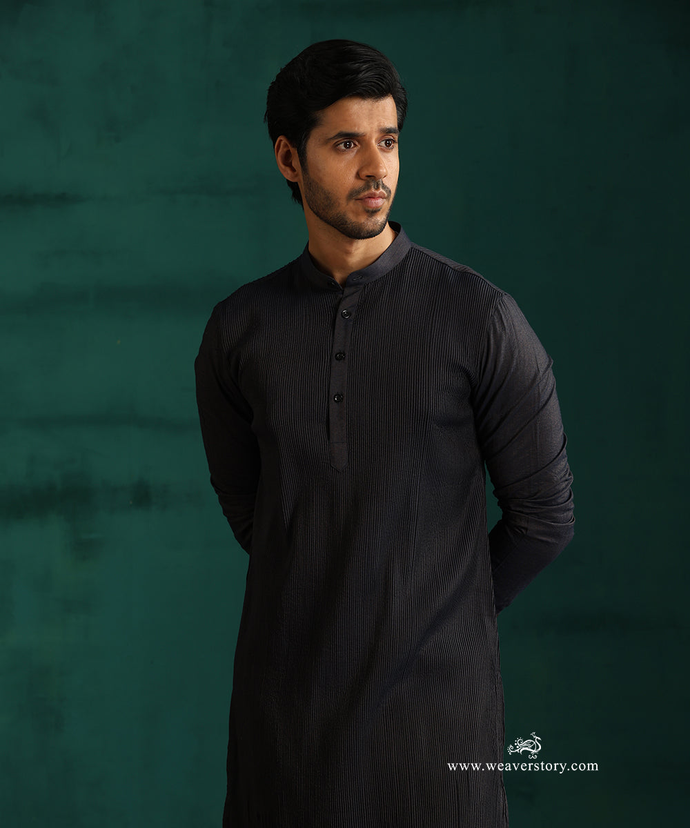 Navy Blue Handloom Cotton Silk Pintuck Kurta With Pant