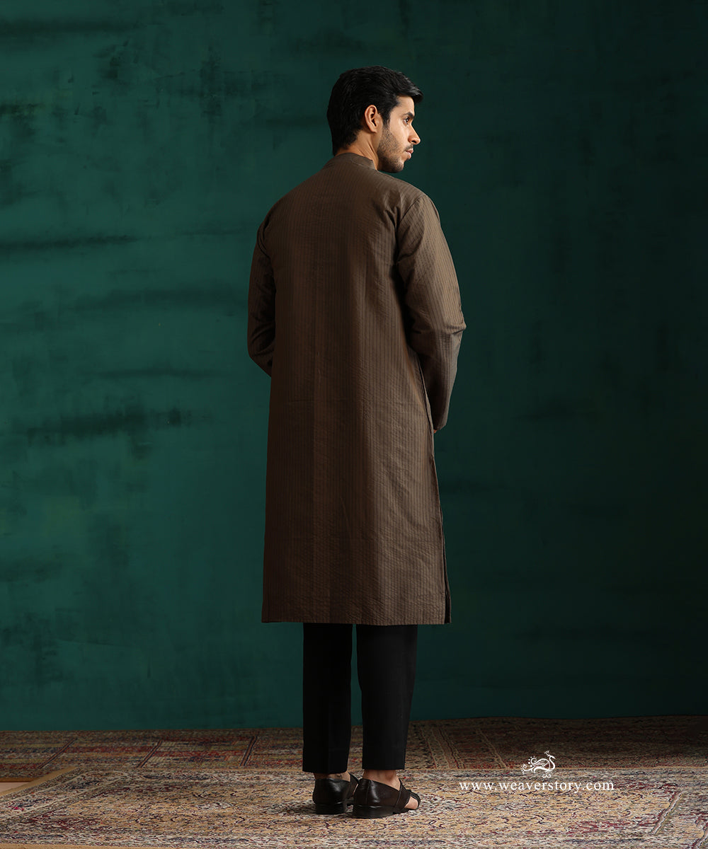 Olive Green Handloom Cotton Silk Mirror Work Kurta With Pant