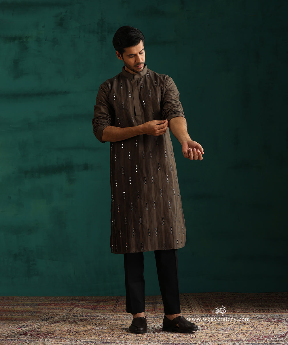 Olive Green Handloom Cotton Silk Mirror Work Kurta With Pant