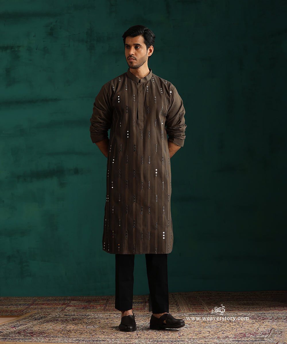 Olive Green Handloom Cotton Silk Mirror Work Kurta With Pant