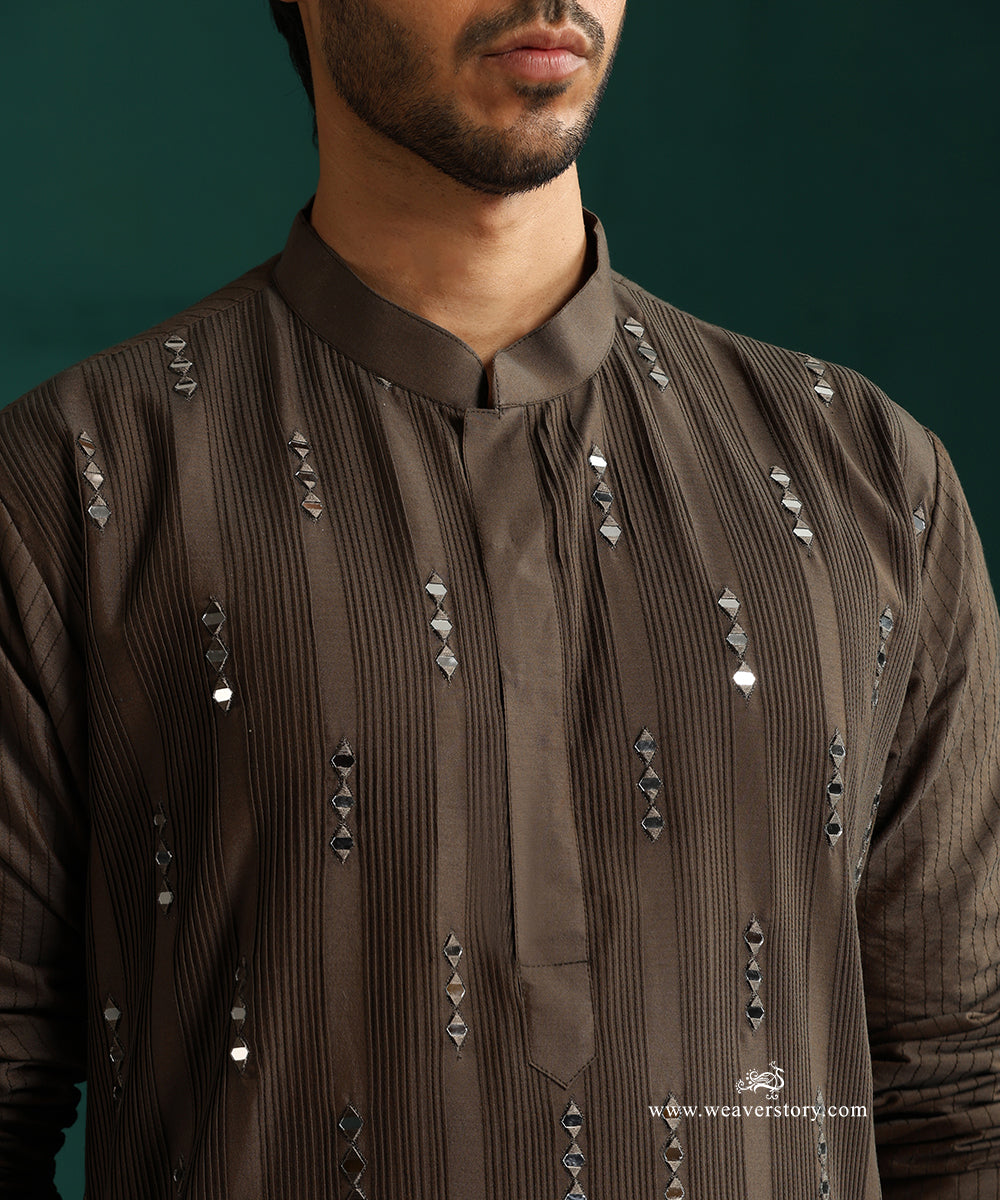 Olive Green Handloom Cotton Silk Mirror Work Kurta With Pant