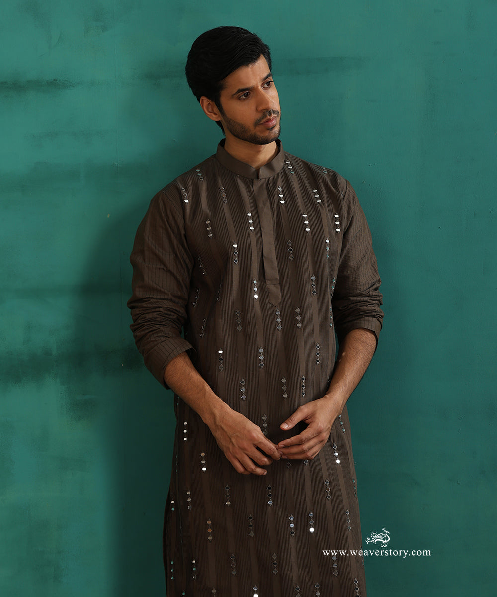 Olive Green Handloom Cotton Silk Mirror Work Kurta With Pant