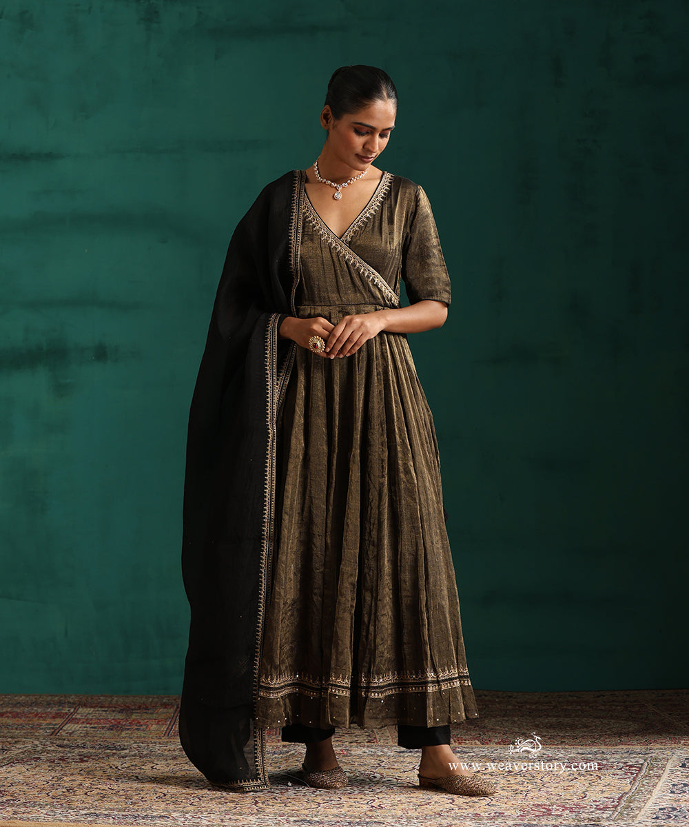 Black and Gold Handloom Chanderi Tissue Anarkali Kurta with Churidar and Organza Dupatta