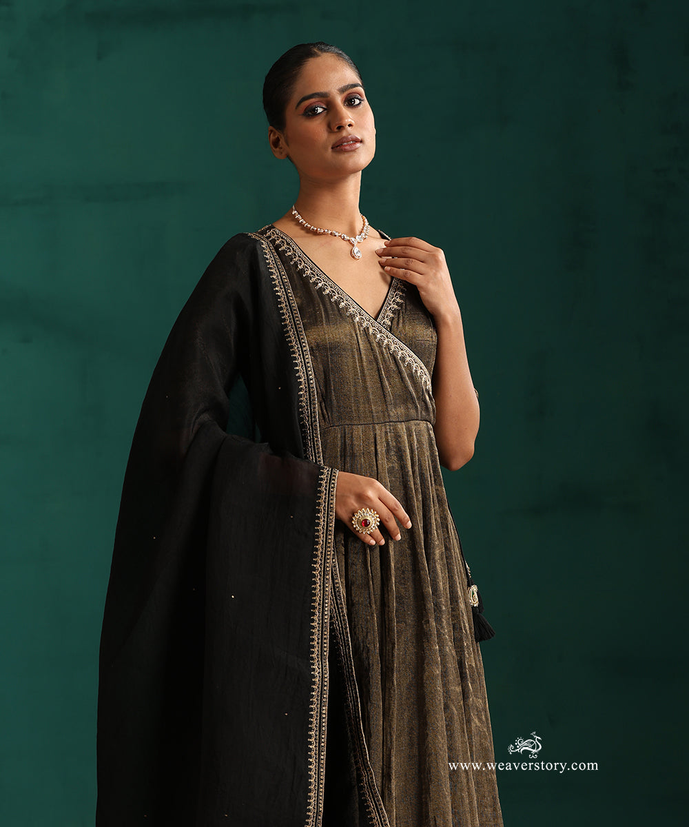 Black and Gold Handloom Chanderi Tissue Anarkali Kurta with Churidar and Organza Dupatta