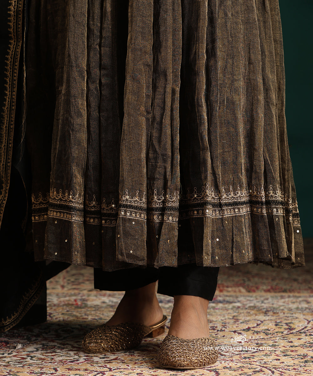 Black and Gold Handloom Chanderi Tissue Anarkali Kurta with Churidar and Organza Dupatta