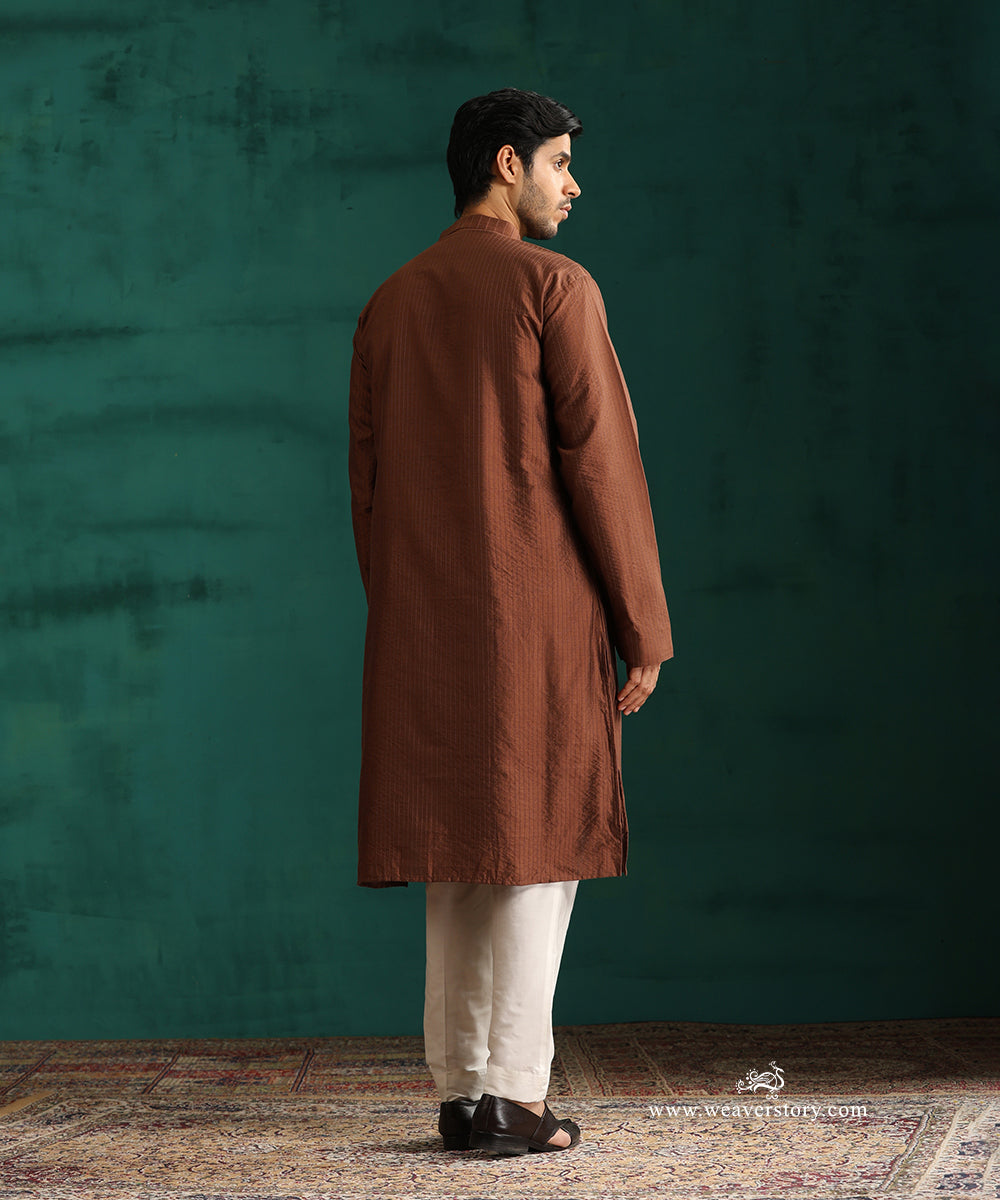 Brown Handloom Cotton Silk Pintuck Kurta With Pant