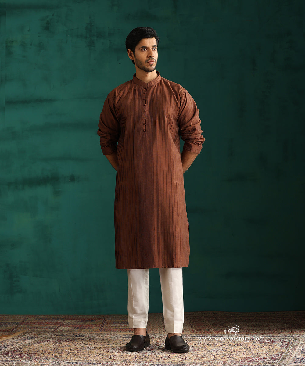 Brown Handloom Cotton Silk Pintuck Kurta With Pant