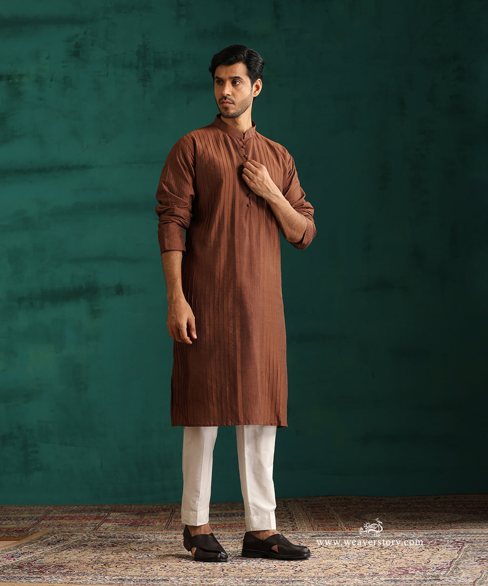 Brown Handloom Cotton Silk Pintuck Kurta With Pant