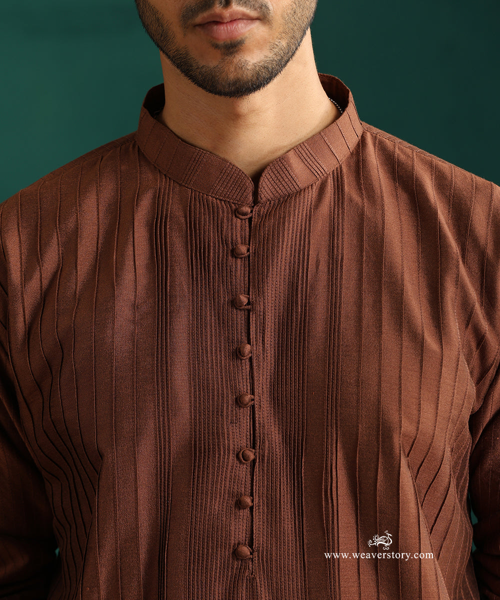 Brown Handloom Cotton Silk Pintuck Kurta With Pant