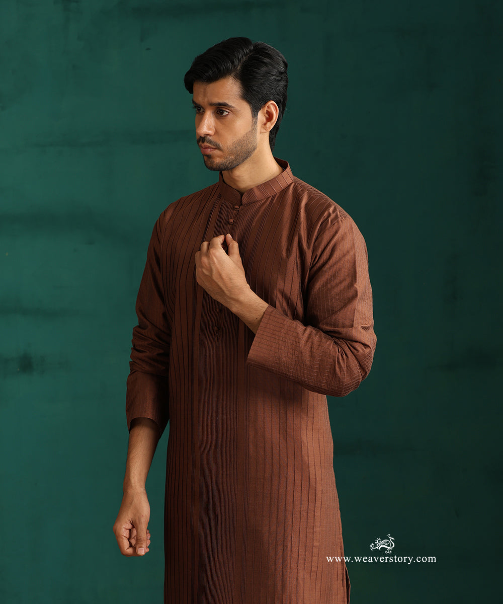 Brown Handloom Cotton Silk Pintuck Kurta With Pant