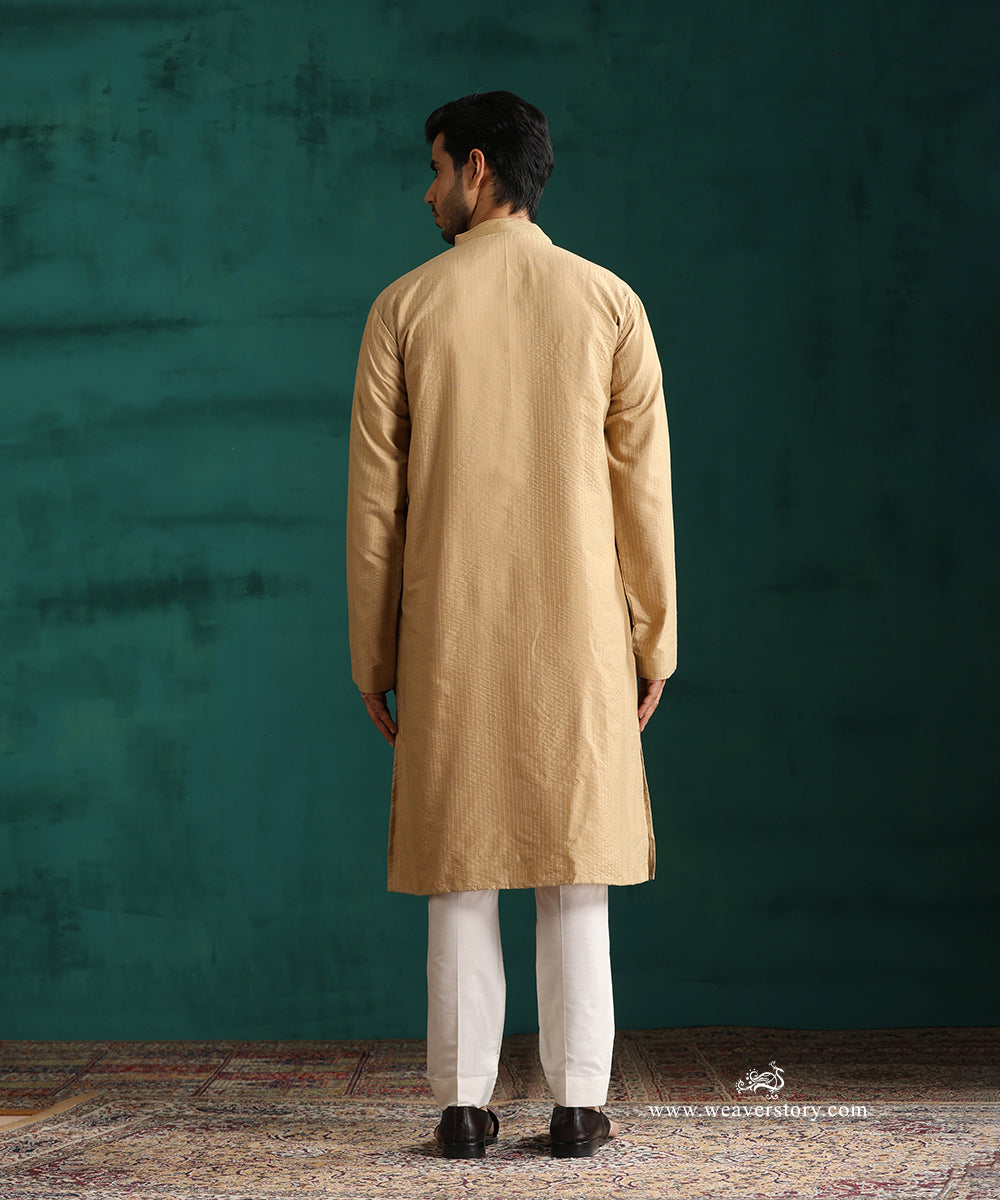 Beige Handloom Cotton Silk Zig Zag Embroidered Kurta With Pant