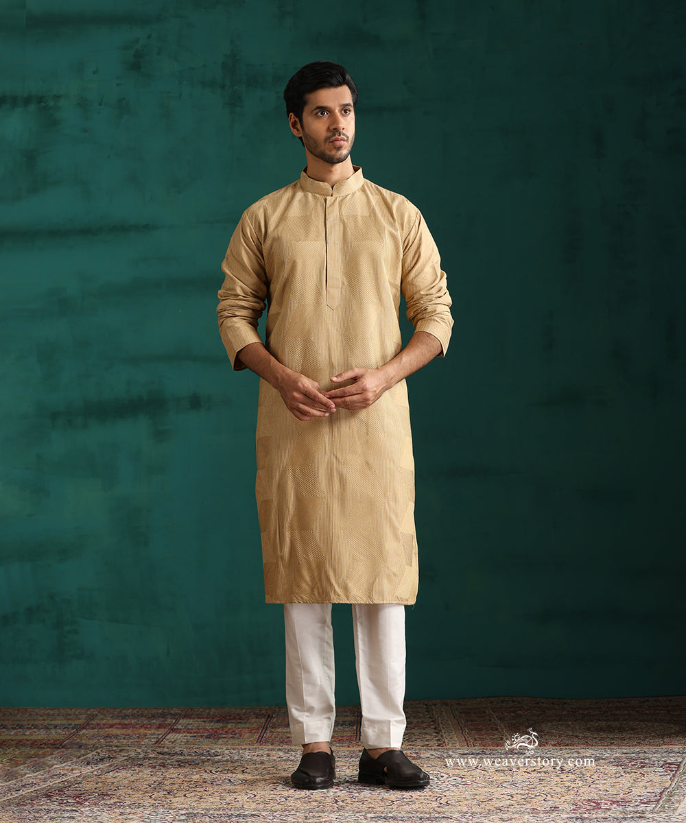 Beige Handloom Cotton Silk Zig Zag Embroidered Kurta With Pant