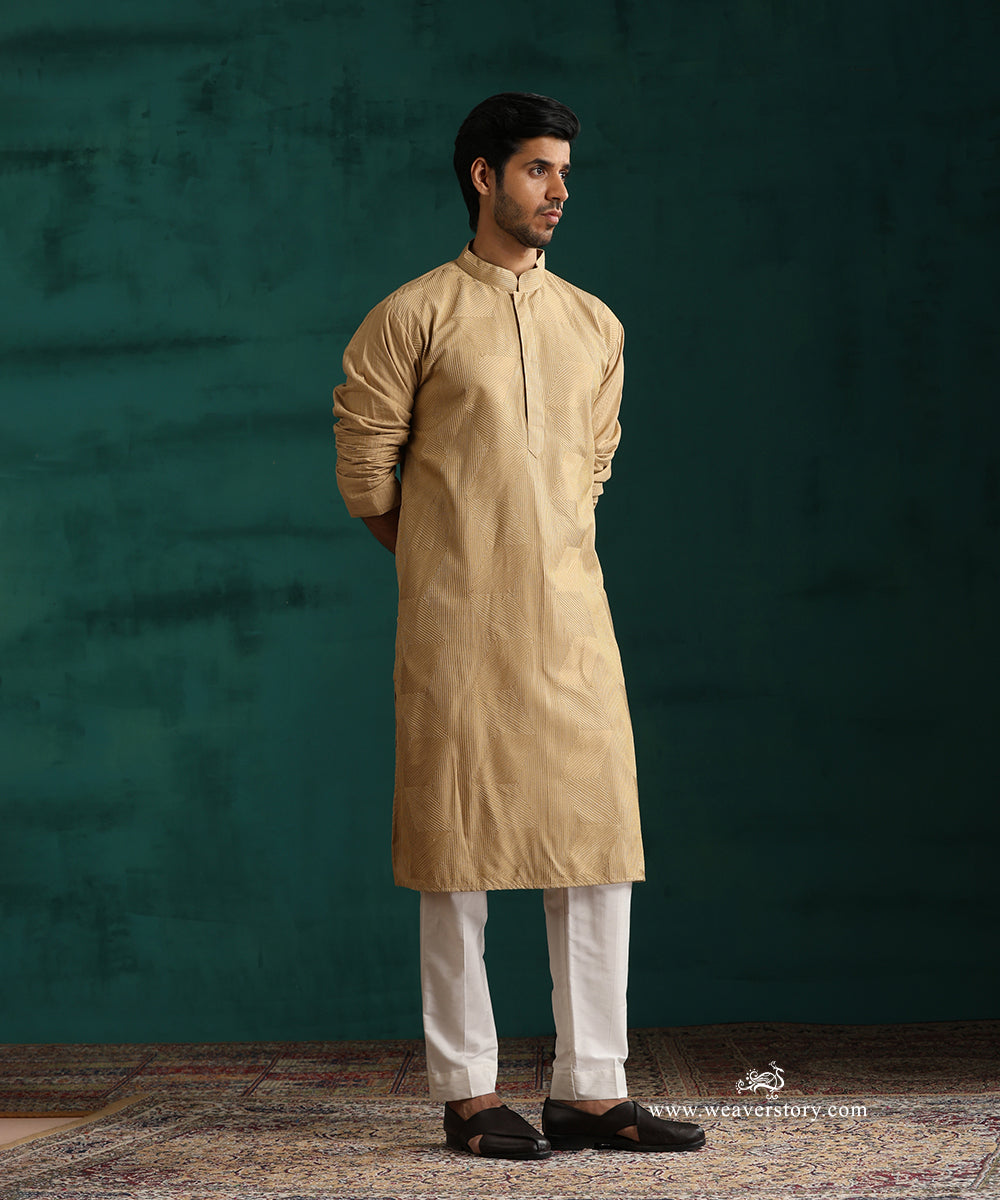 Beige Handloom Cotton Silk Zig Zag Embroidered Kurta With Pant
