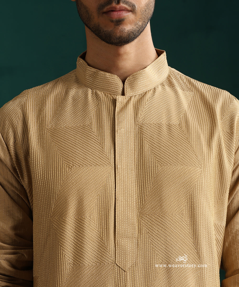 Beige Handloom Cotton Silk Zig Zag Embroidered Kurta With Pant