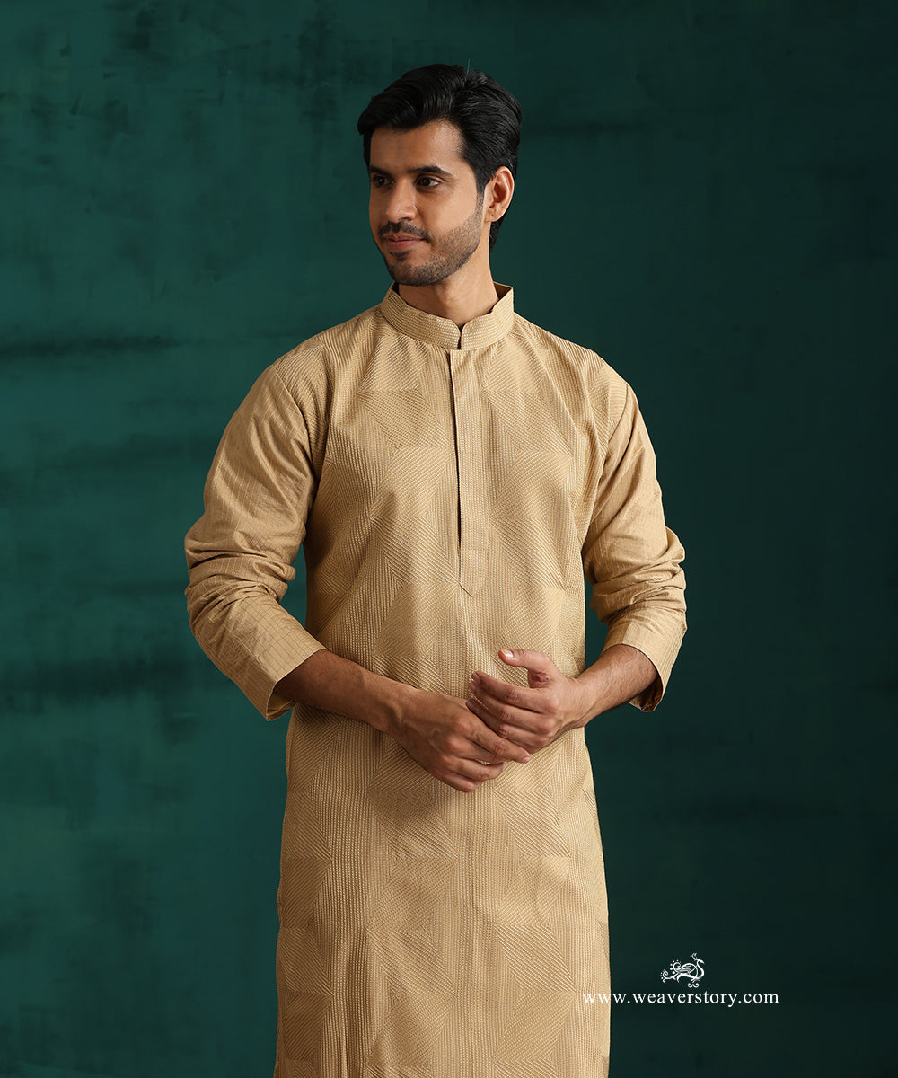 Beige Handloom Cotton Silk Zig Zag Embroidered Kurta With Pant
