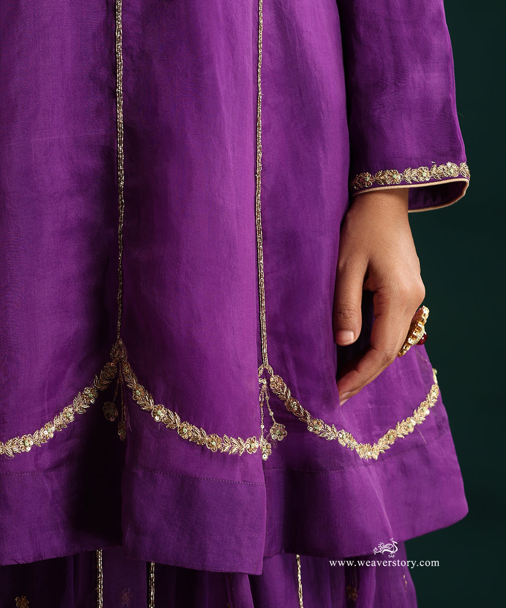 Pure Handwoven Organza Purple Short Anarkali Kurta and Lehenga