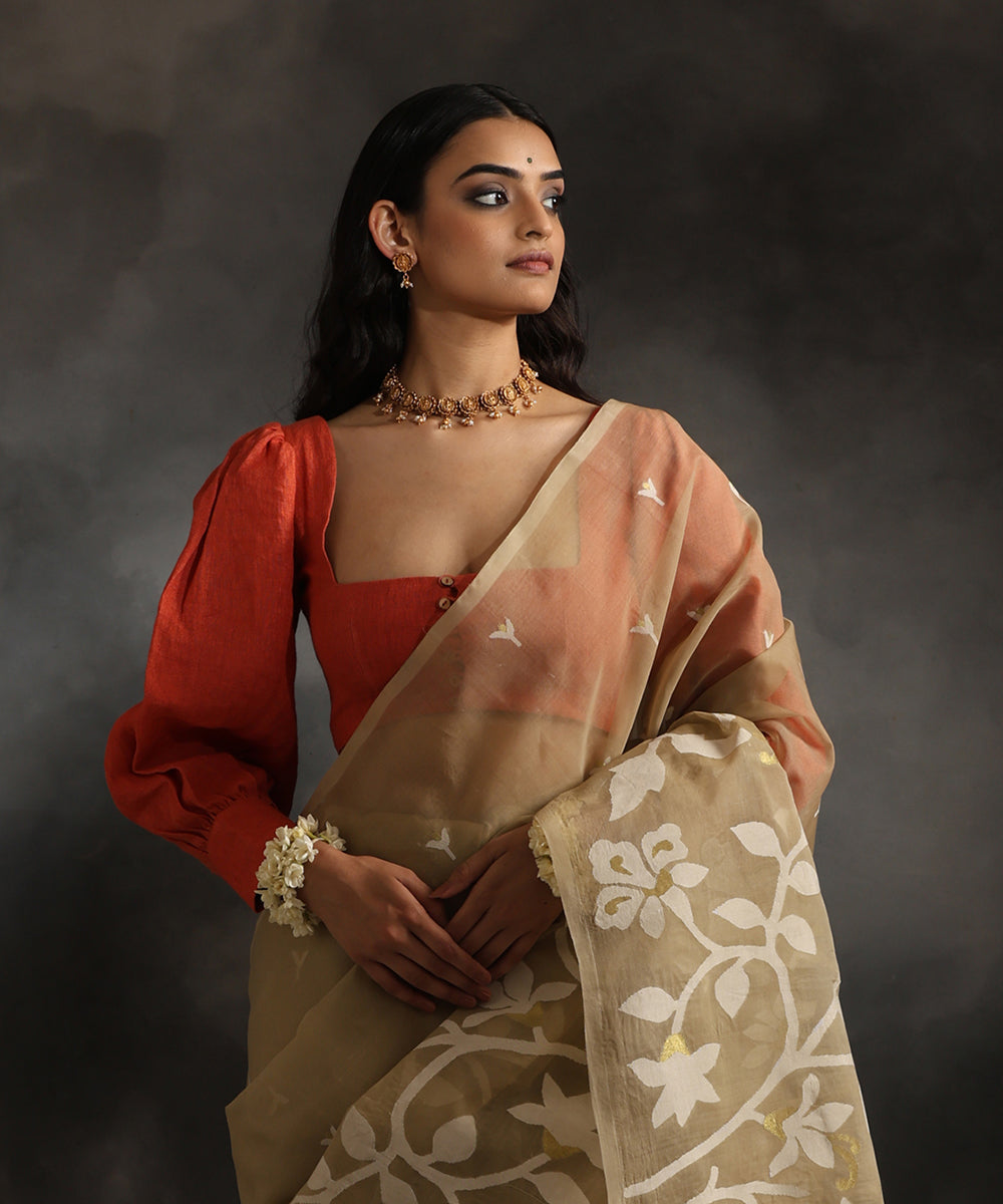 Handloom Rust Pure Linen Stitched Blouse With Bishop Sleeves