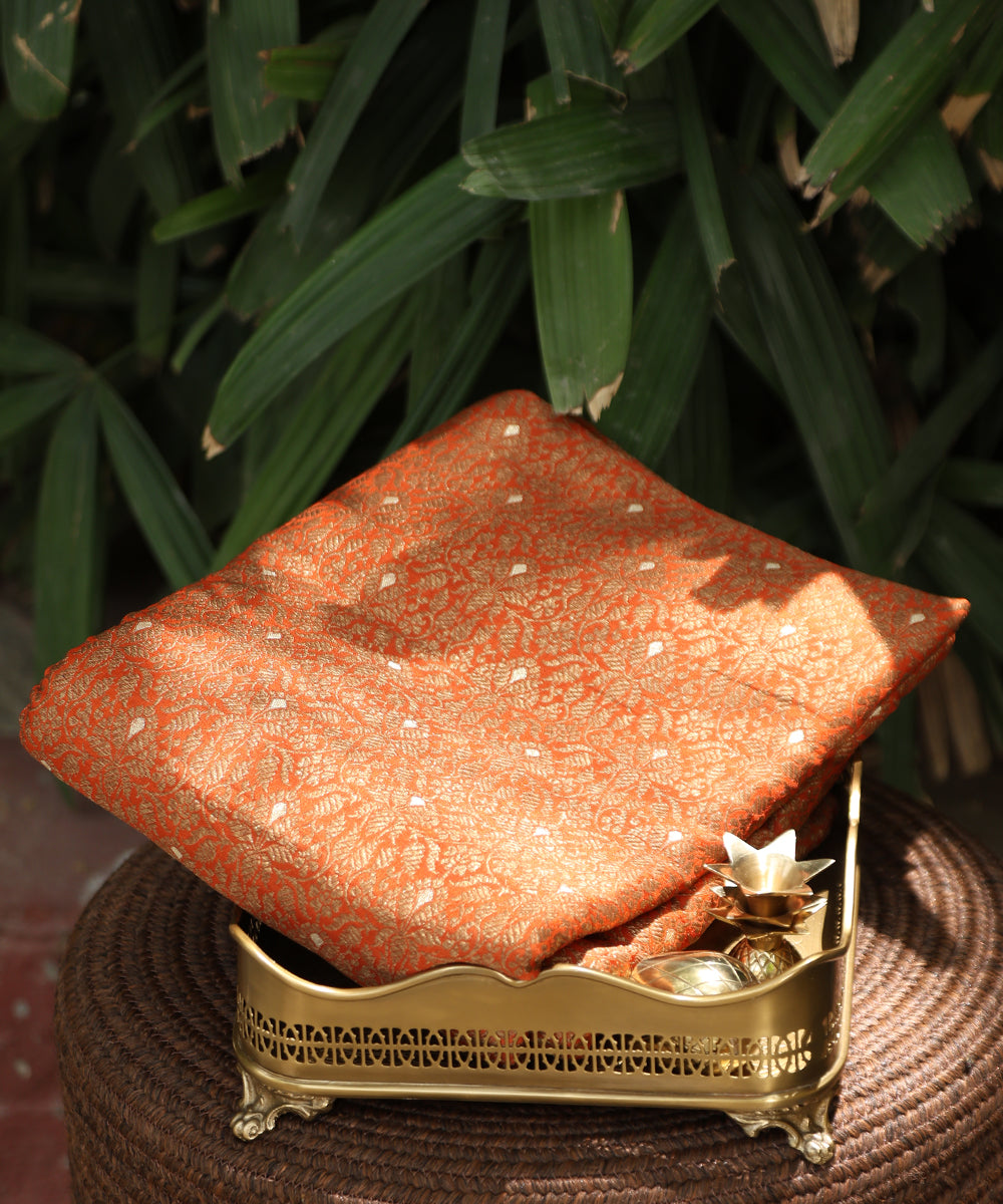 Orange_Handloom_Pure_Katan_Silk_Kimkhab_Banarasi_Fabric_In_Antique_Zari_With_Mughal_Motifs_WeaverStory_01