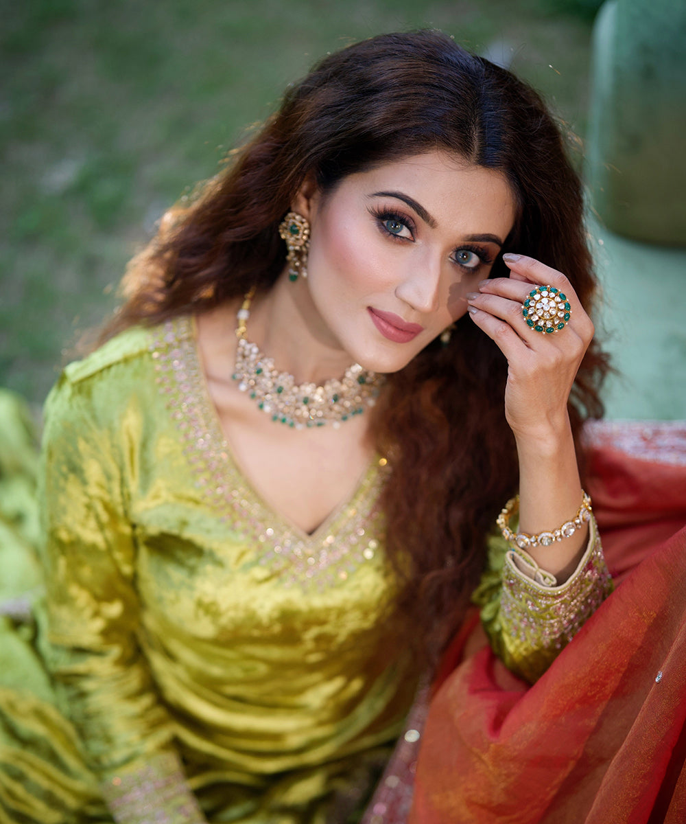 Arushi Nishank In Heena Green Velvet Sharara Set With Zardozi Work Ready To Wear Silk Ensembles