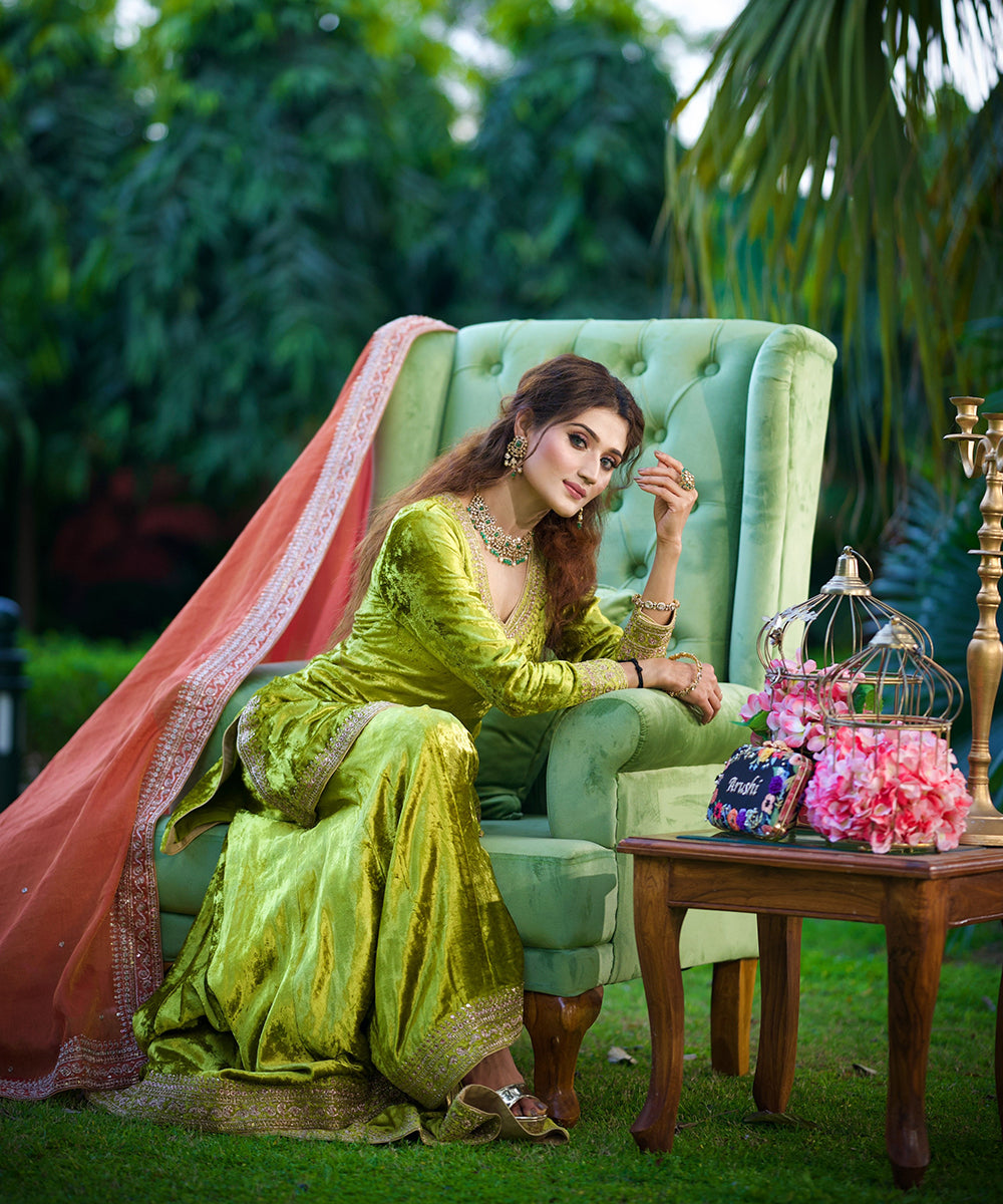 Arushi Nishank In Heena Green Velvet Sharara Set With Zardozi Work Ready To Wear Silk Ensembles