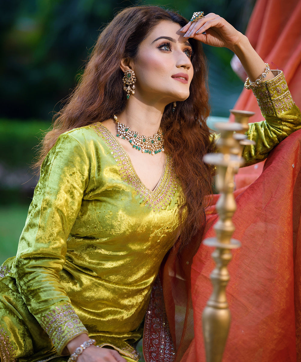Arushi Nishank In Heena Green Velvet Sharara Set With Zardozi Work Ready To Wear Silk Ensembles