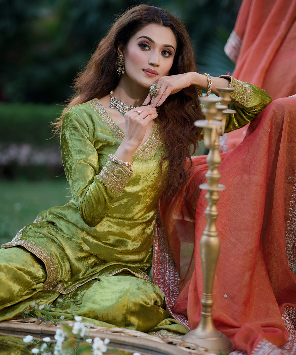 Arushi Nishank In Heena Green Velvet Sharara Set With Zardozi Work Ready To Wear Silk Ensembles