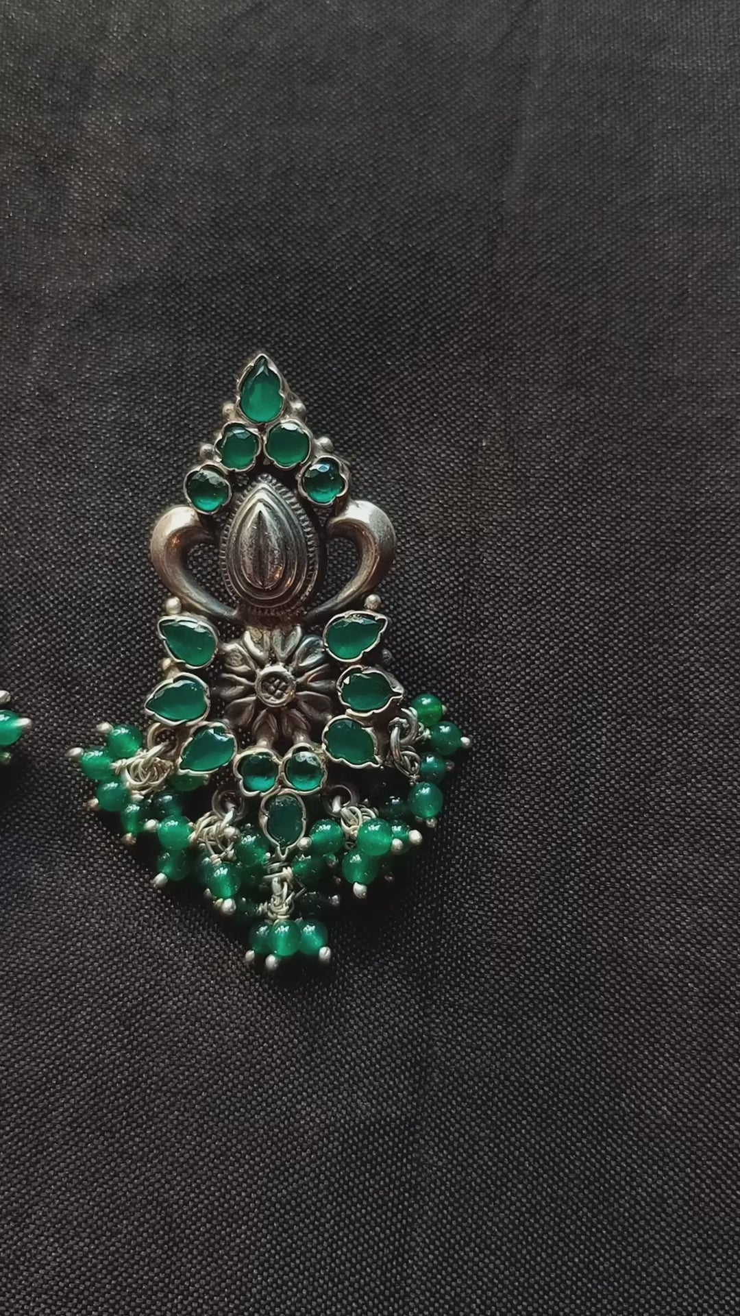 Huma Handcrafted Oxidised Pure Silver Green Earrings