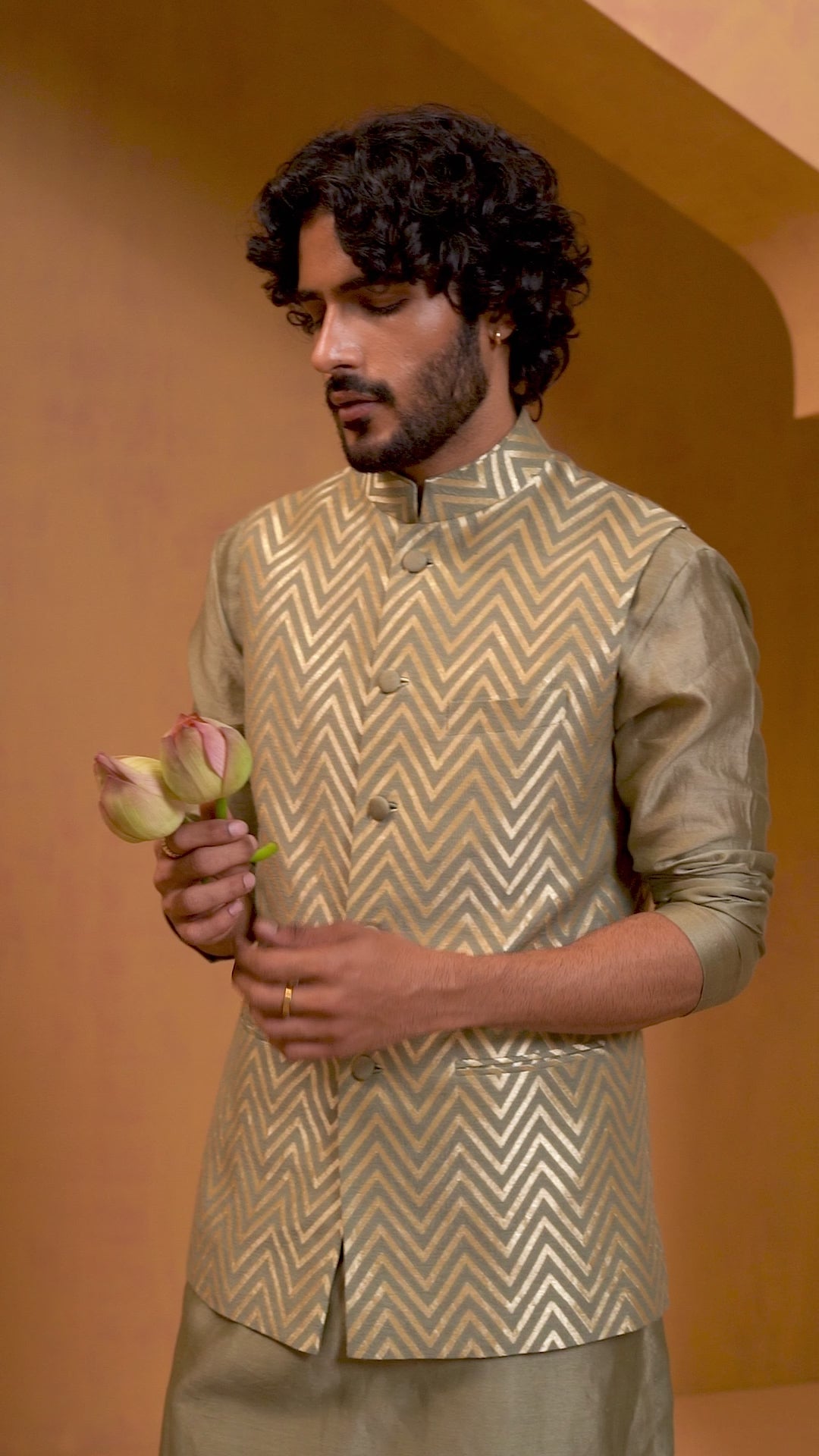 Moss Green Chanderi Kurta Set With Moonga Silk Nehru Jacket