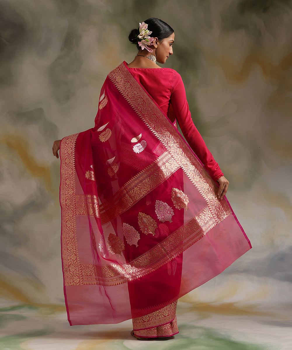 Fuchsia Pink Dual Tone Handloom Pure Kora Silk Banarasi Saree With Booti