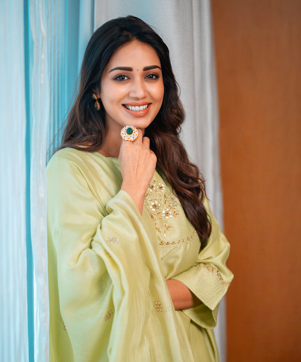 Nivetha Pethuraj In Handloom Lime Green Chanderi Silk Gota Patti Suit Set Ready To Wear Ensembles