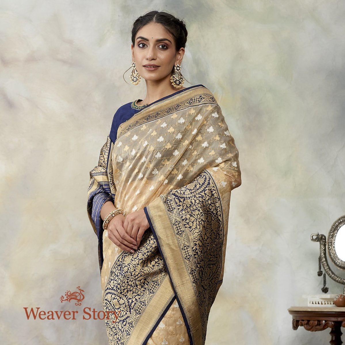 Handwoven_Beige_Gold_Kora_Saree_with_Contrast_Border_and_Pallu_WeaverStory_01